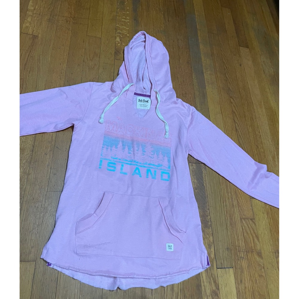 Salt Creek Mackinac Island Pink Graphic Hoodie Sweatshirt Women Small Raw Hem